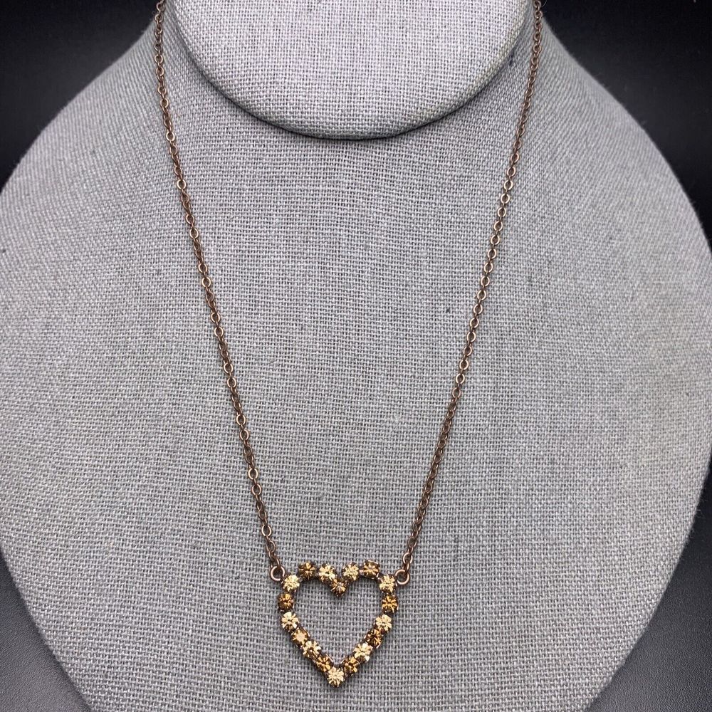 1928 Heart Pendant Necklace Antiqued Copper Tone Amber Color Rhinestone Open